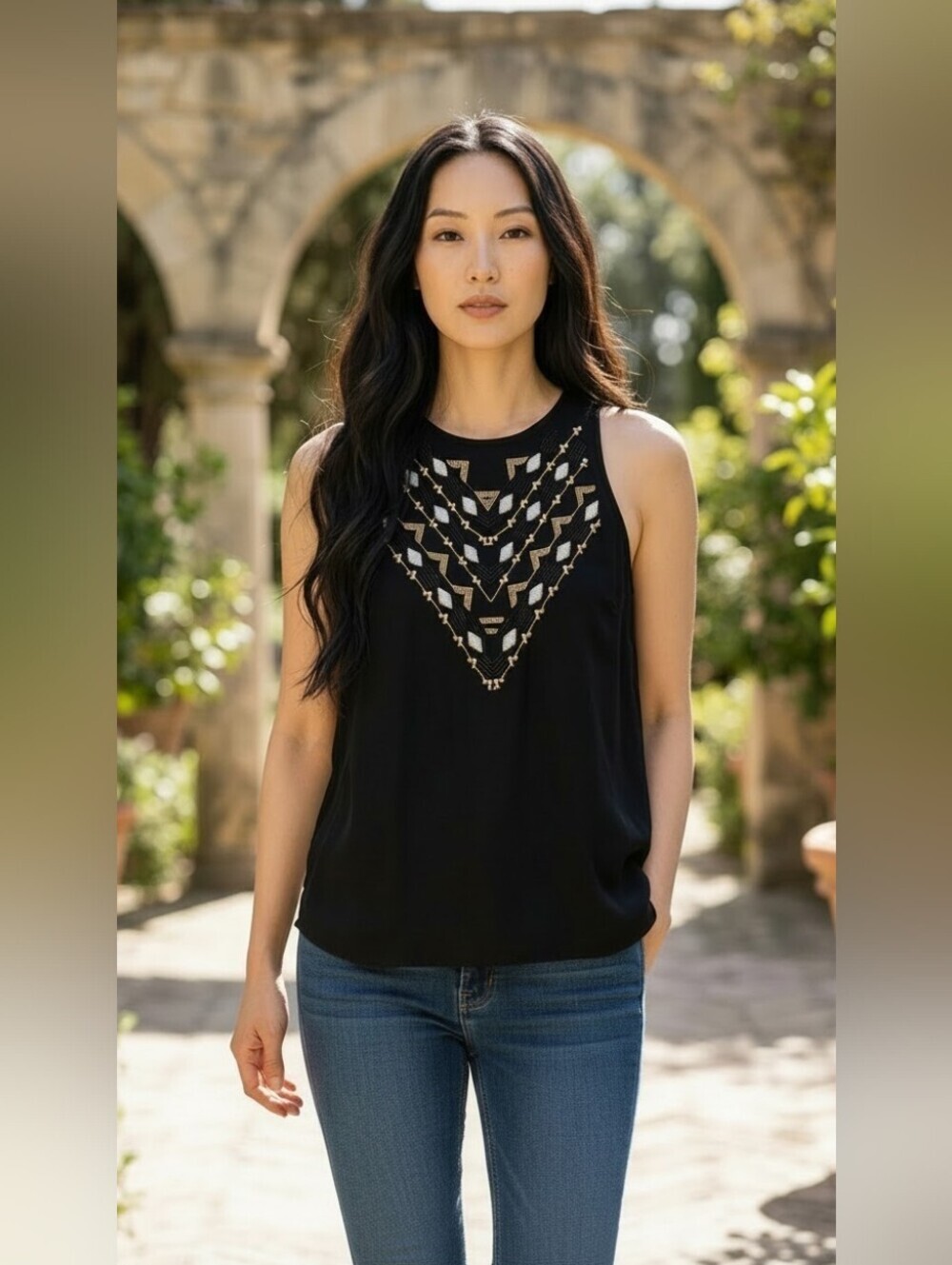 Massimo Beaded Black Sleeveless Top with Gold Accents